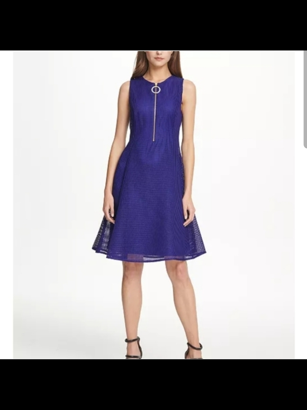 DKNY Sleeveless Cobalt A-Line Midi Dress with Front Ring Zip Size 8